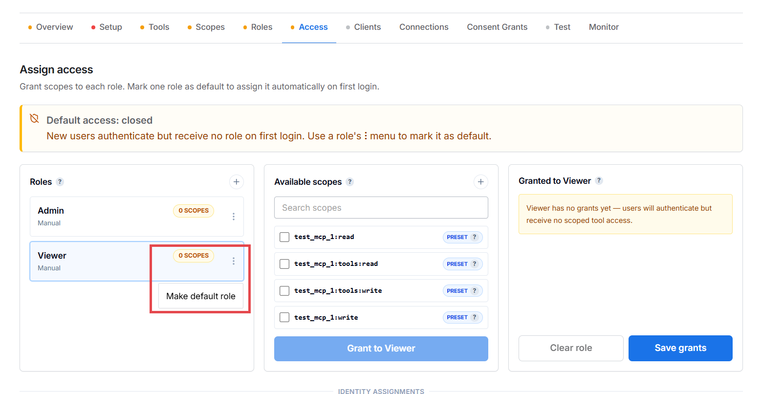 Access tab — Make default role