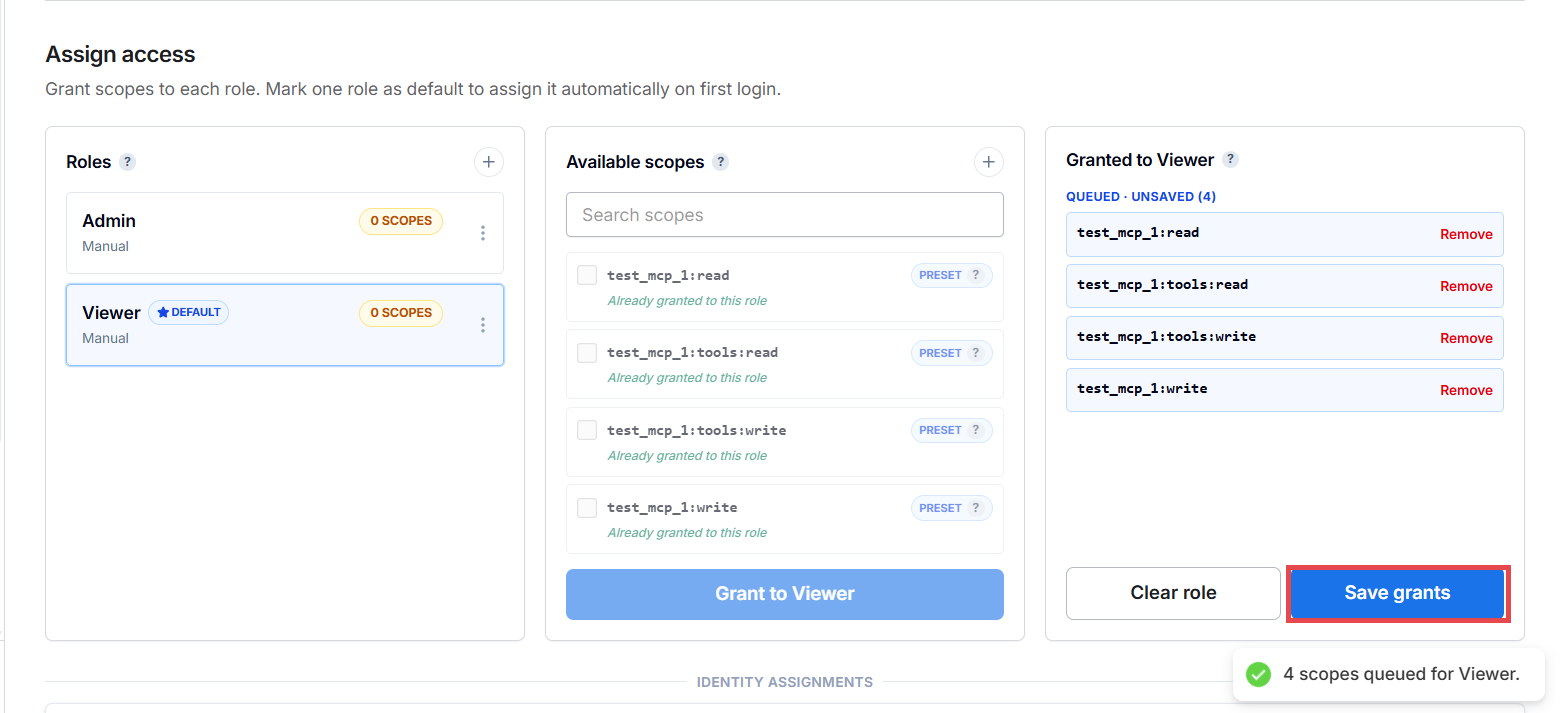 Access tab — queued grants, Save grants