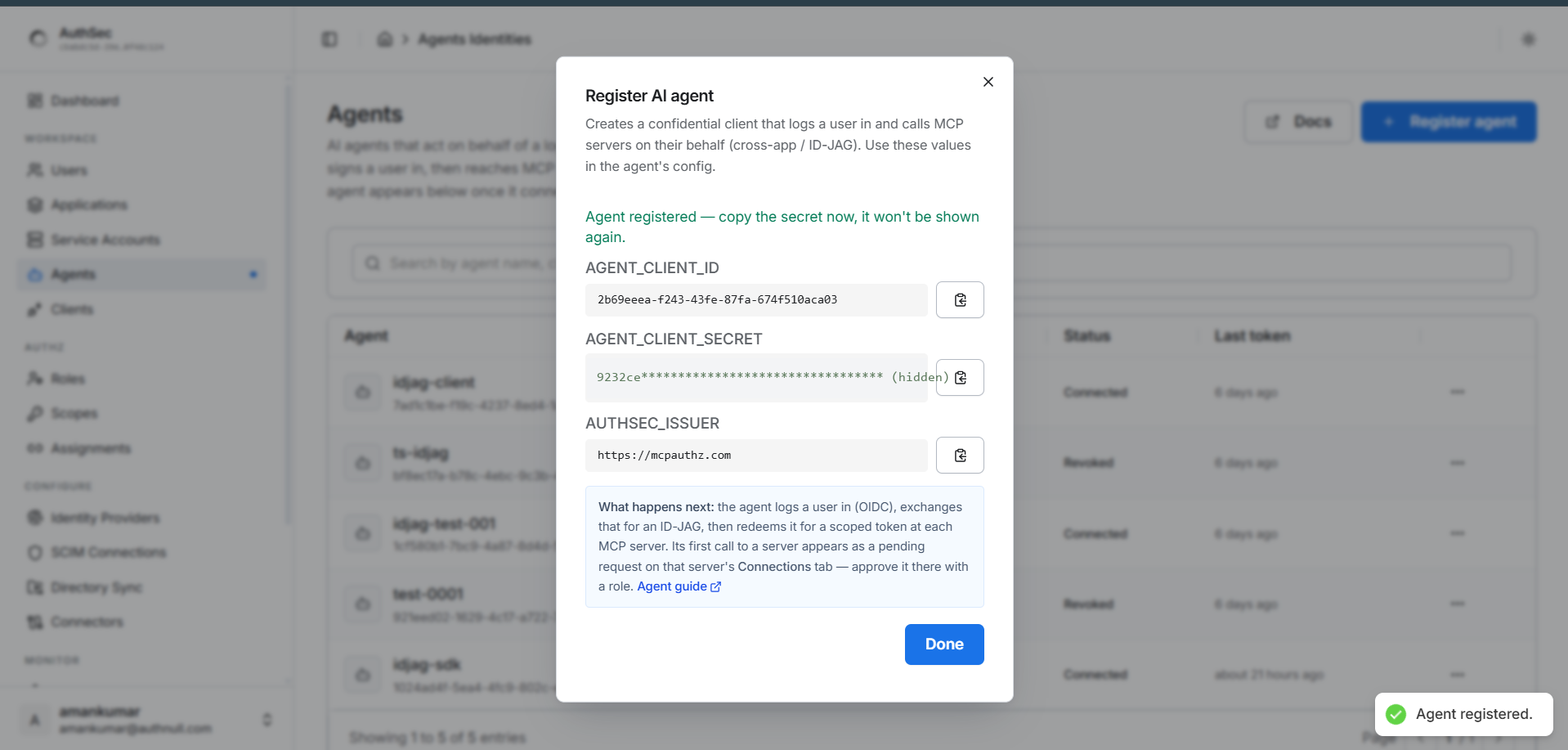 Agent registered — credentials