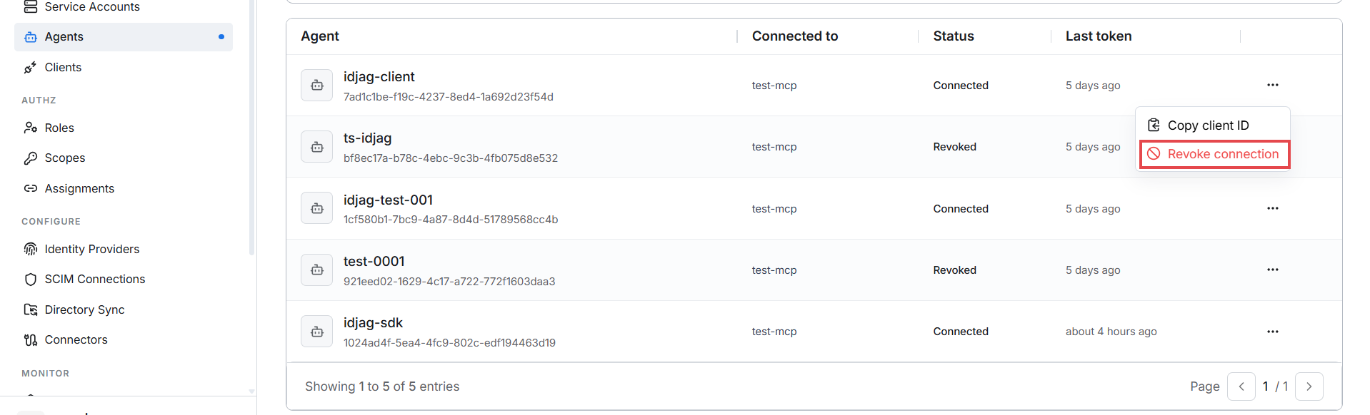 Agents list — Revoke connection