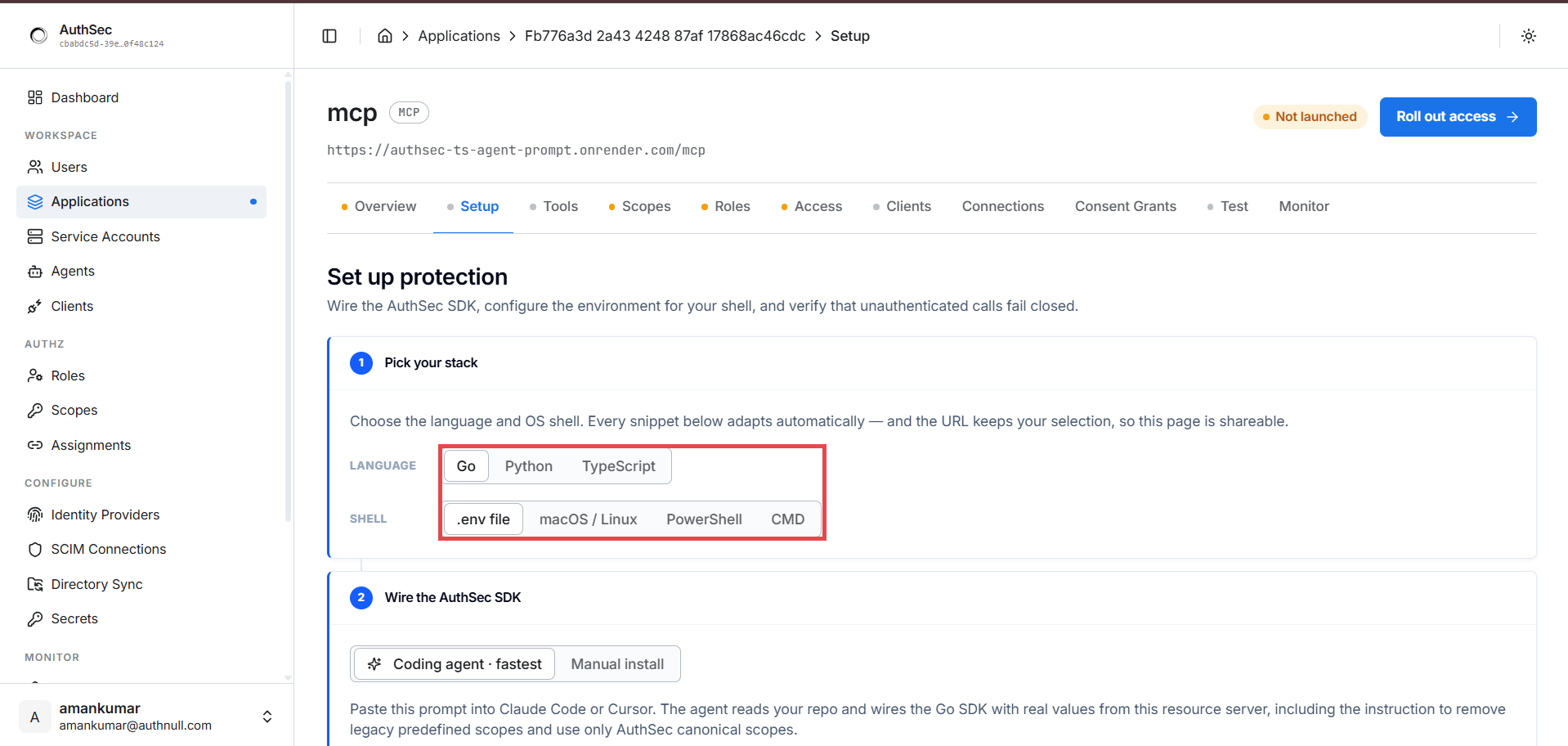 Application setup tab