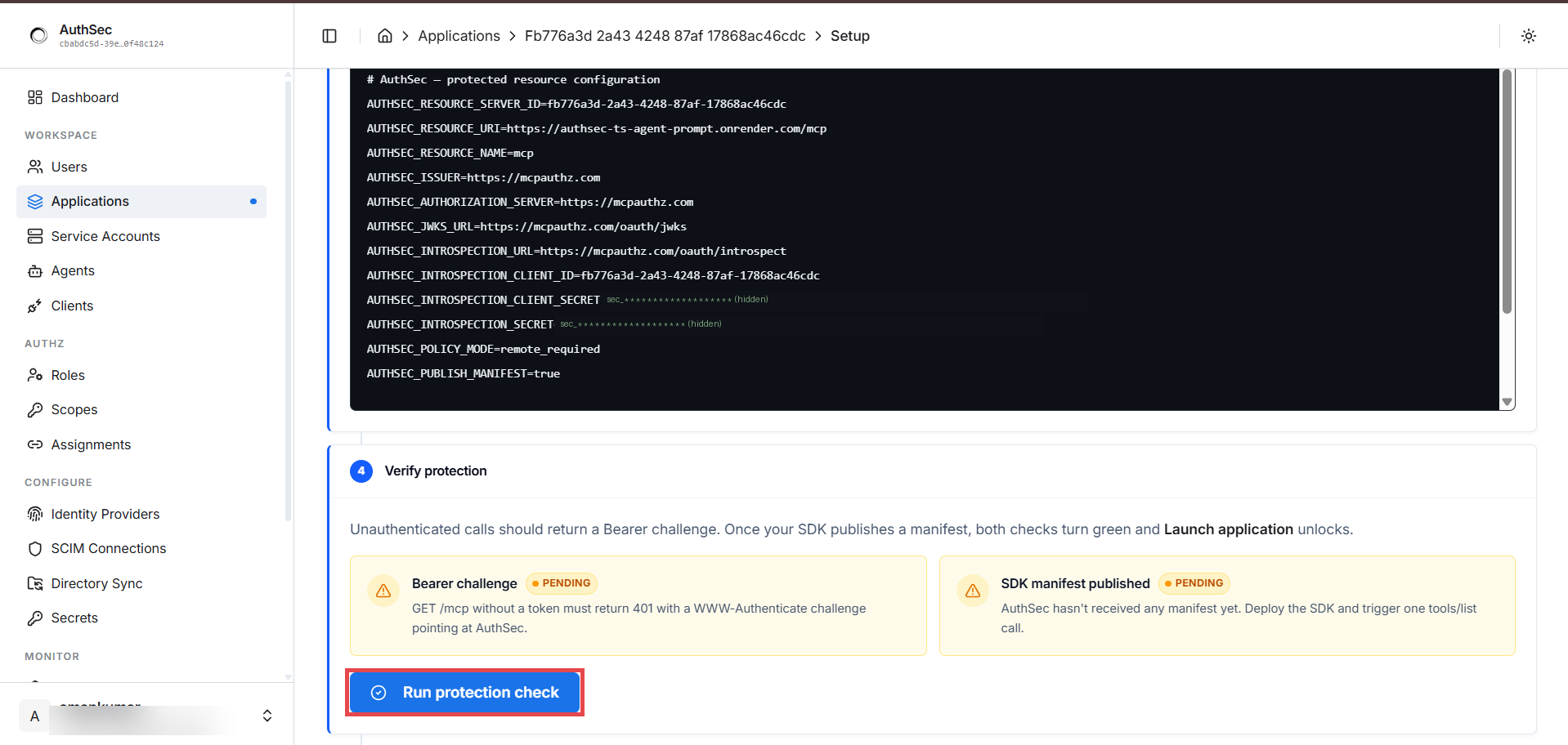 Setup tab — env block and Run protection check