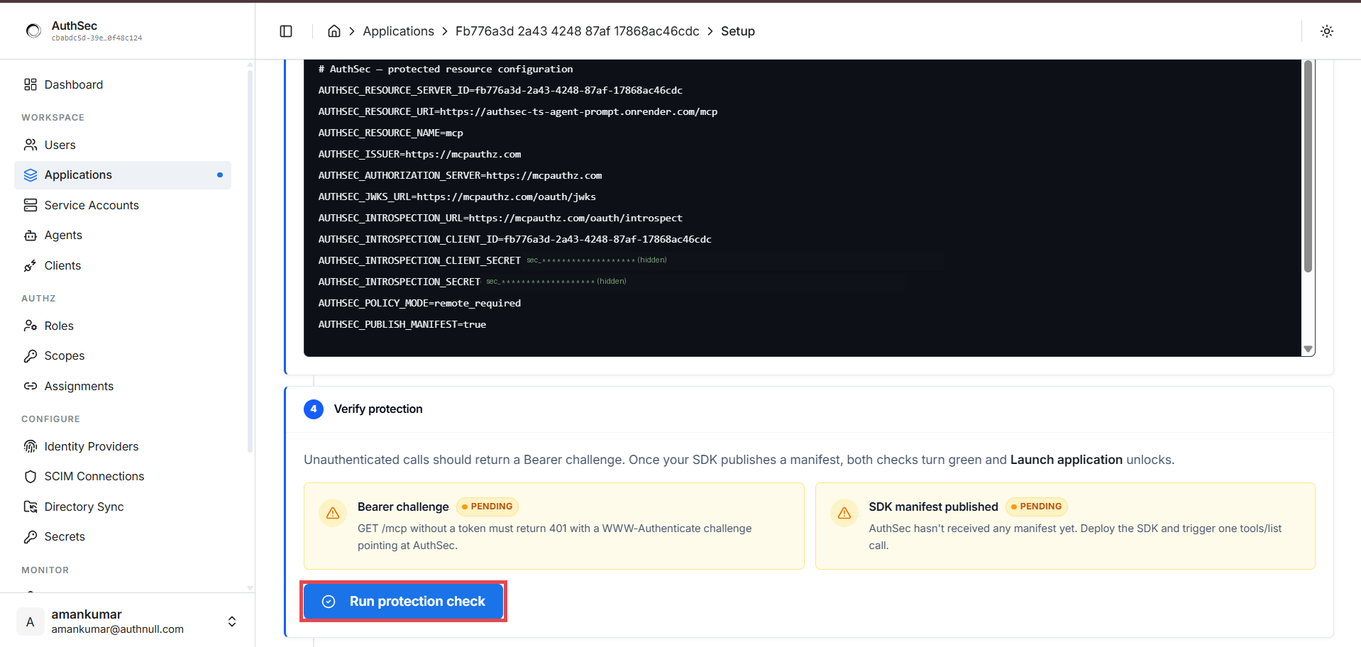 Setup tab — generated .env block and verify checks