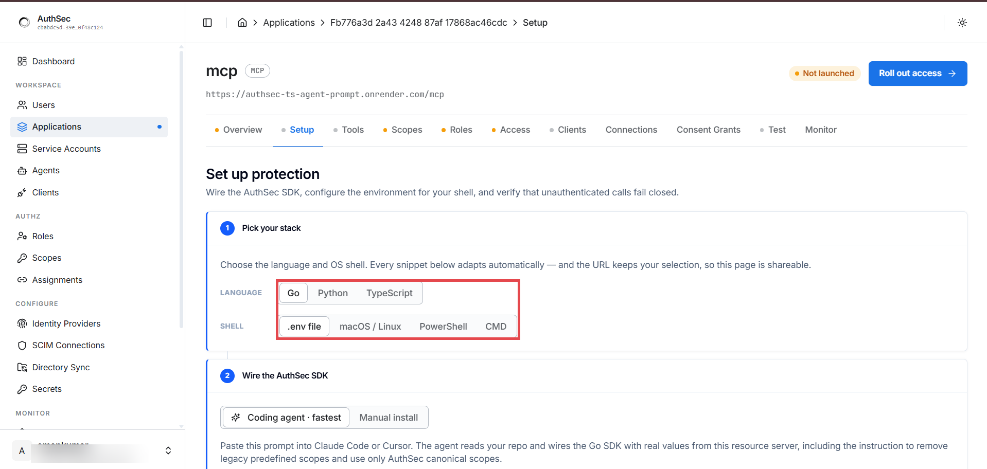 Application Setup tab