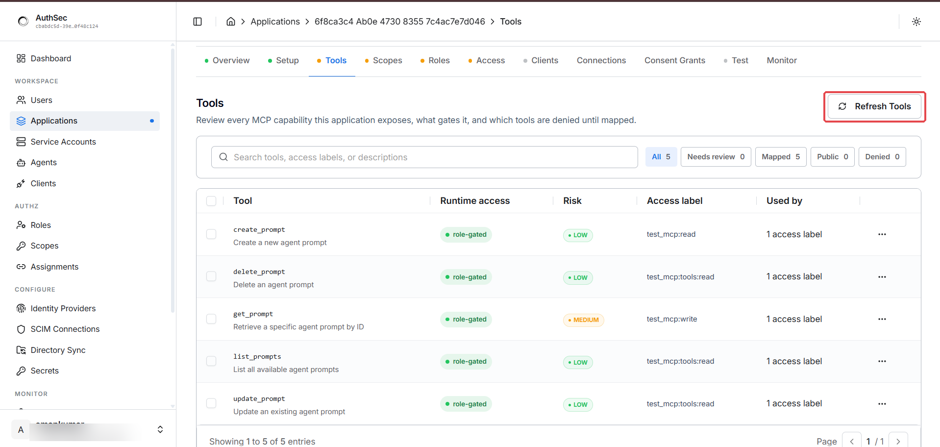 Tools tab — imported tools with risk and access labels