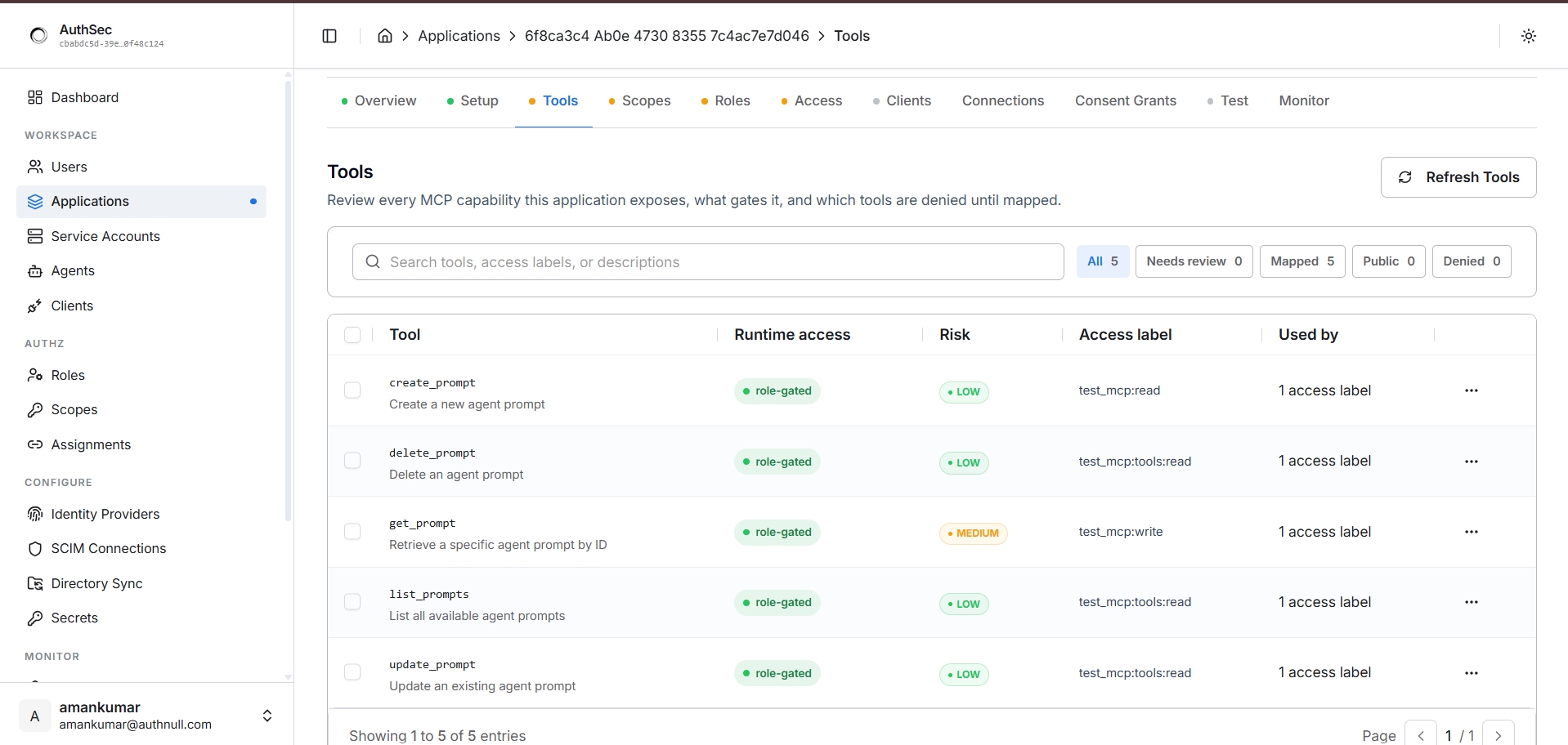 Tools tab — imported tools with risk and access labels
