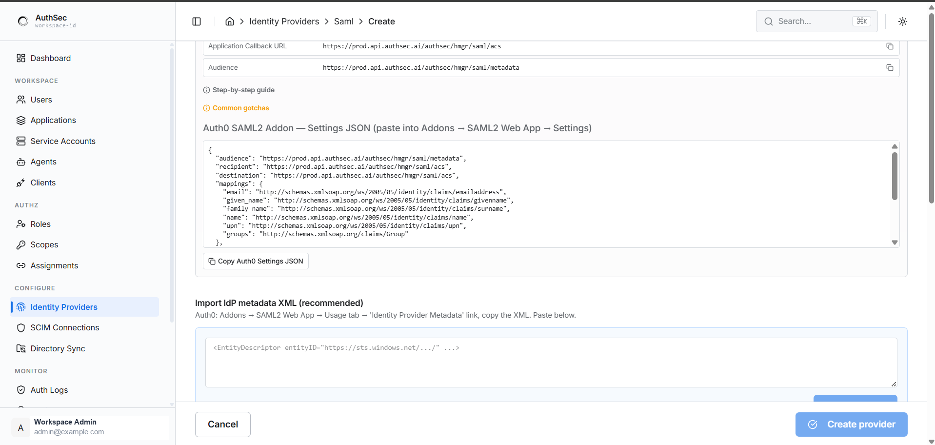 Auth0 settings JSON