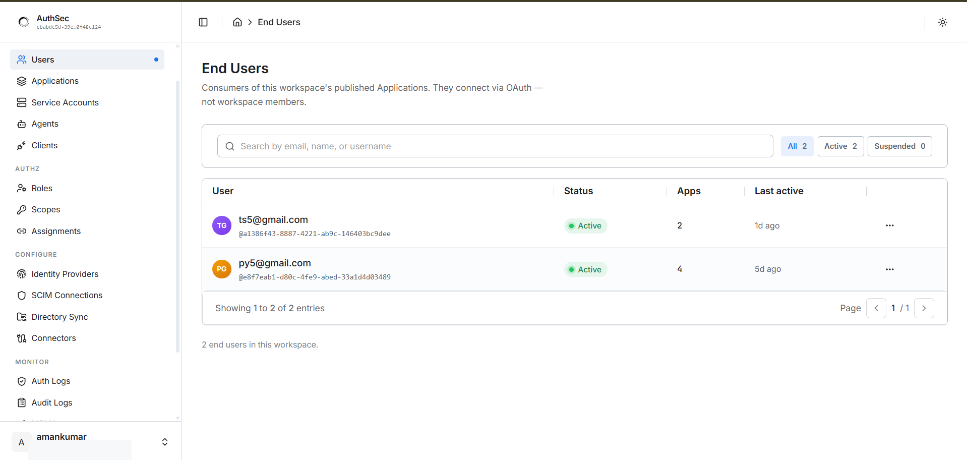 Clients tab — inside an application