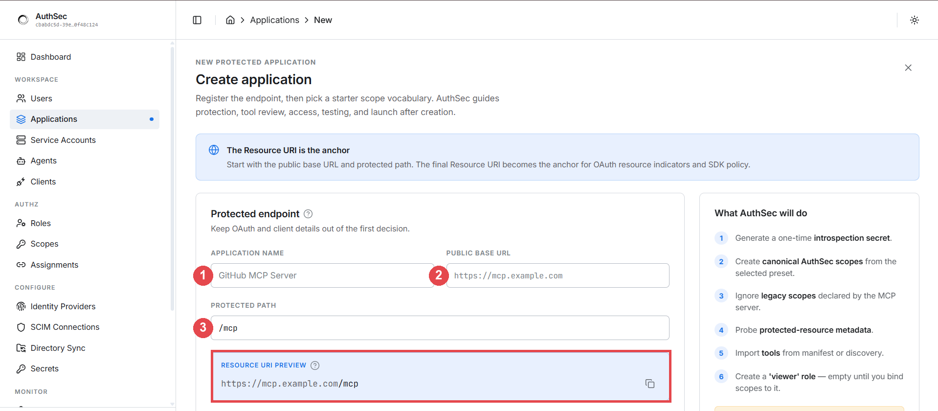 Create application — protected endpoint