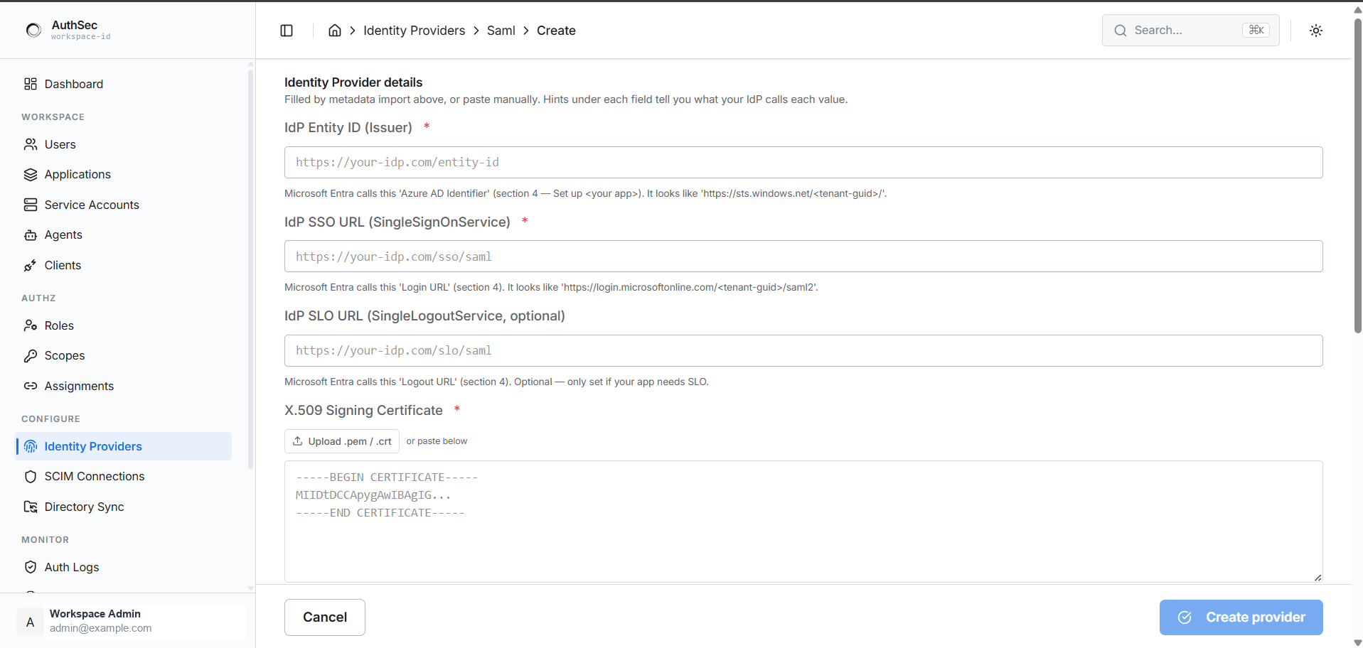 Entra identity provider fields