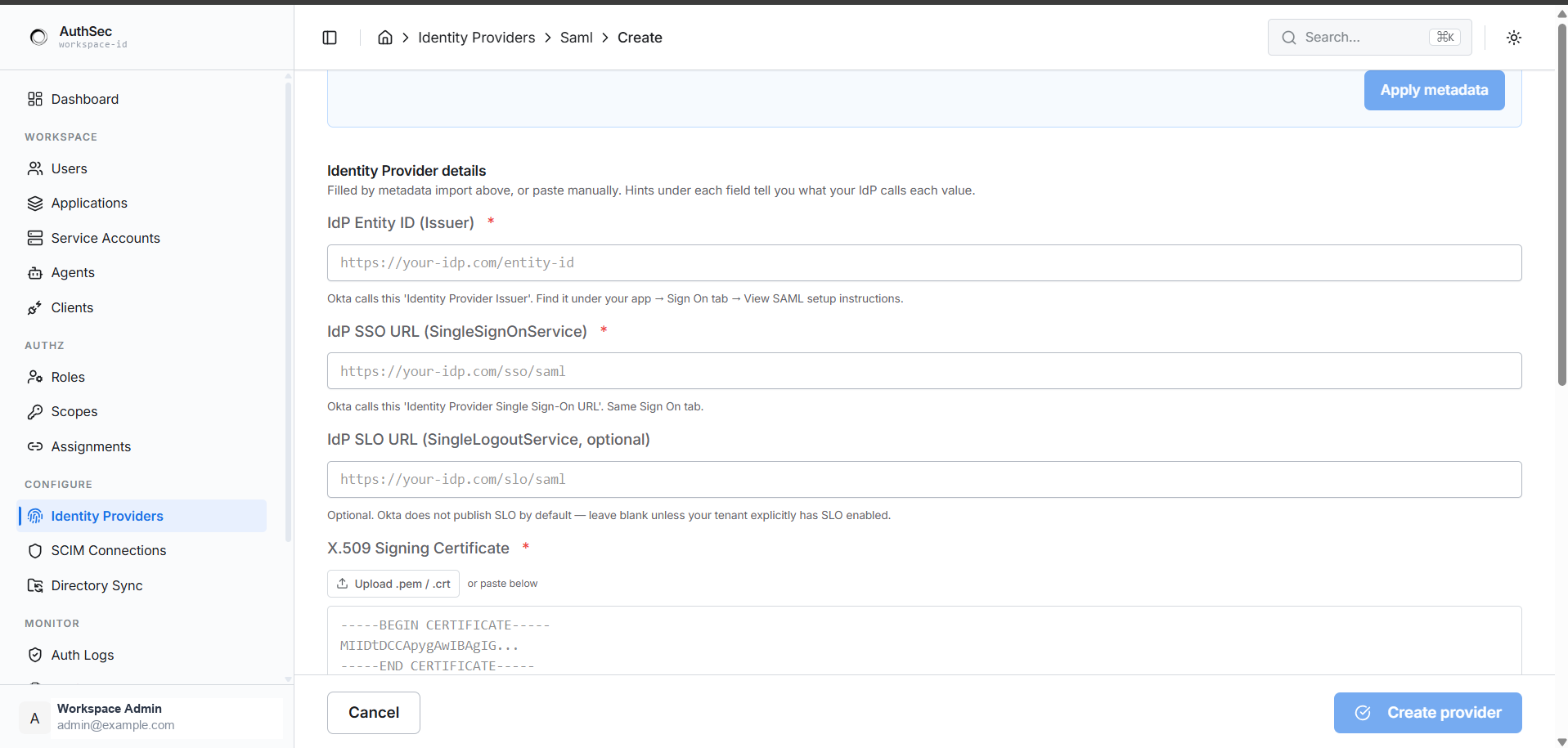Okta identity provider fields