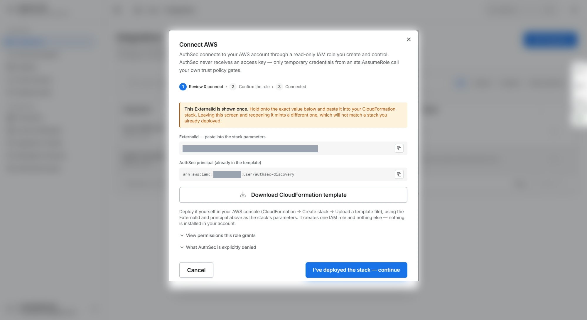 Review & connect, showing the ExternalId, the AuthSec principal and the template download