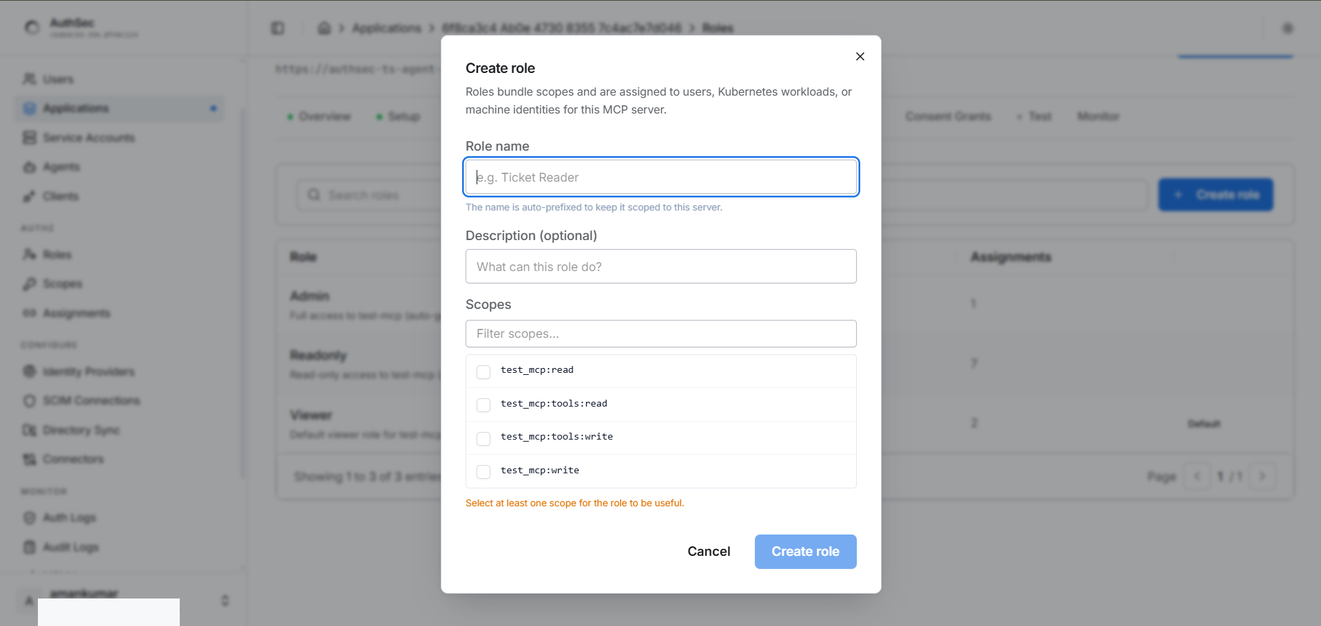 Create role dialog