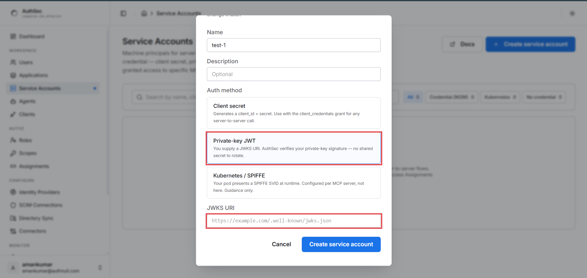 Create service account — private-key JWT + JWKS URI