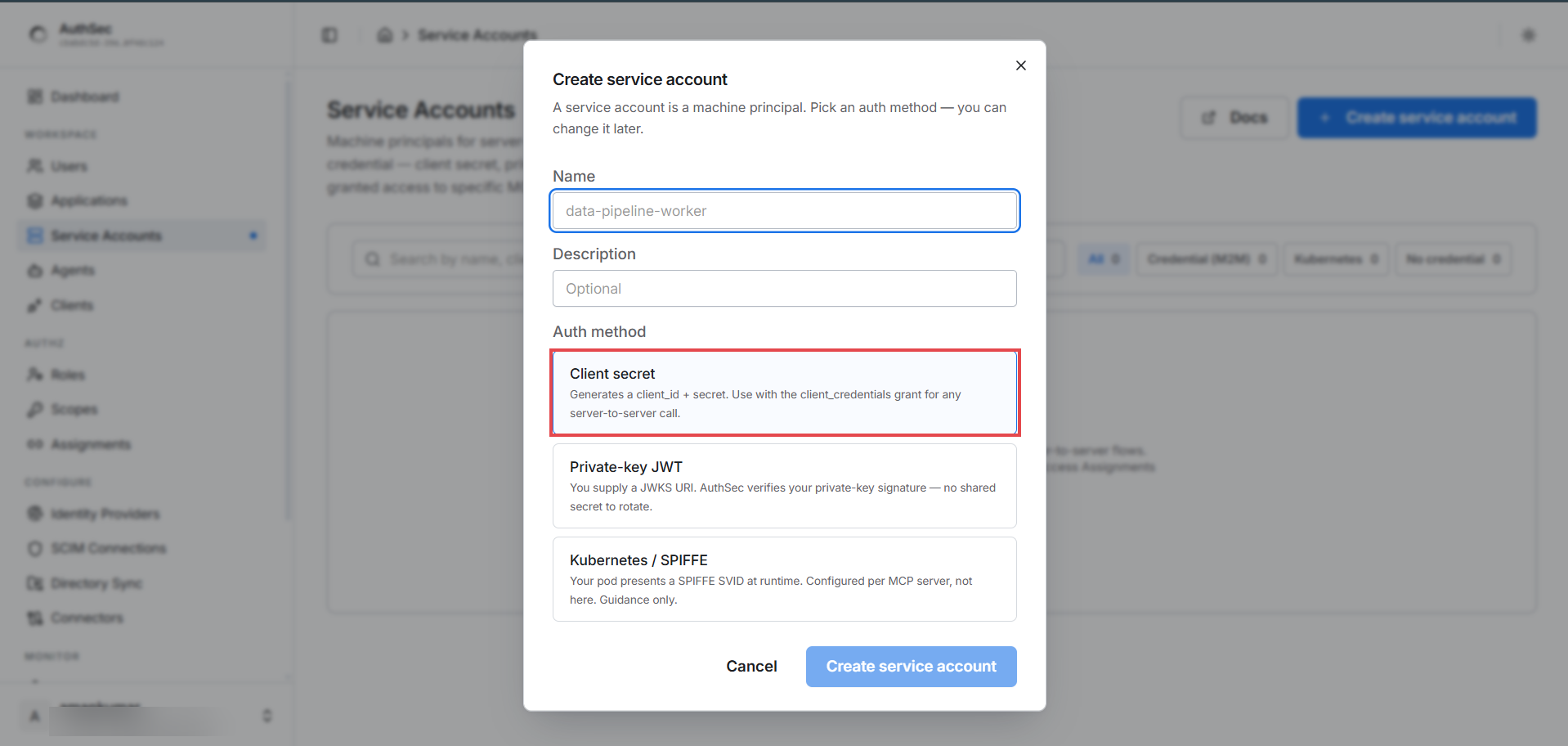 Create service account — client secret