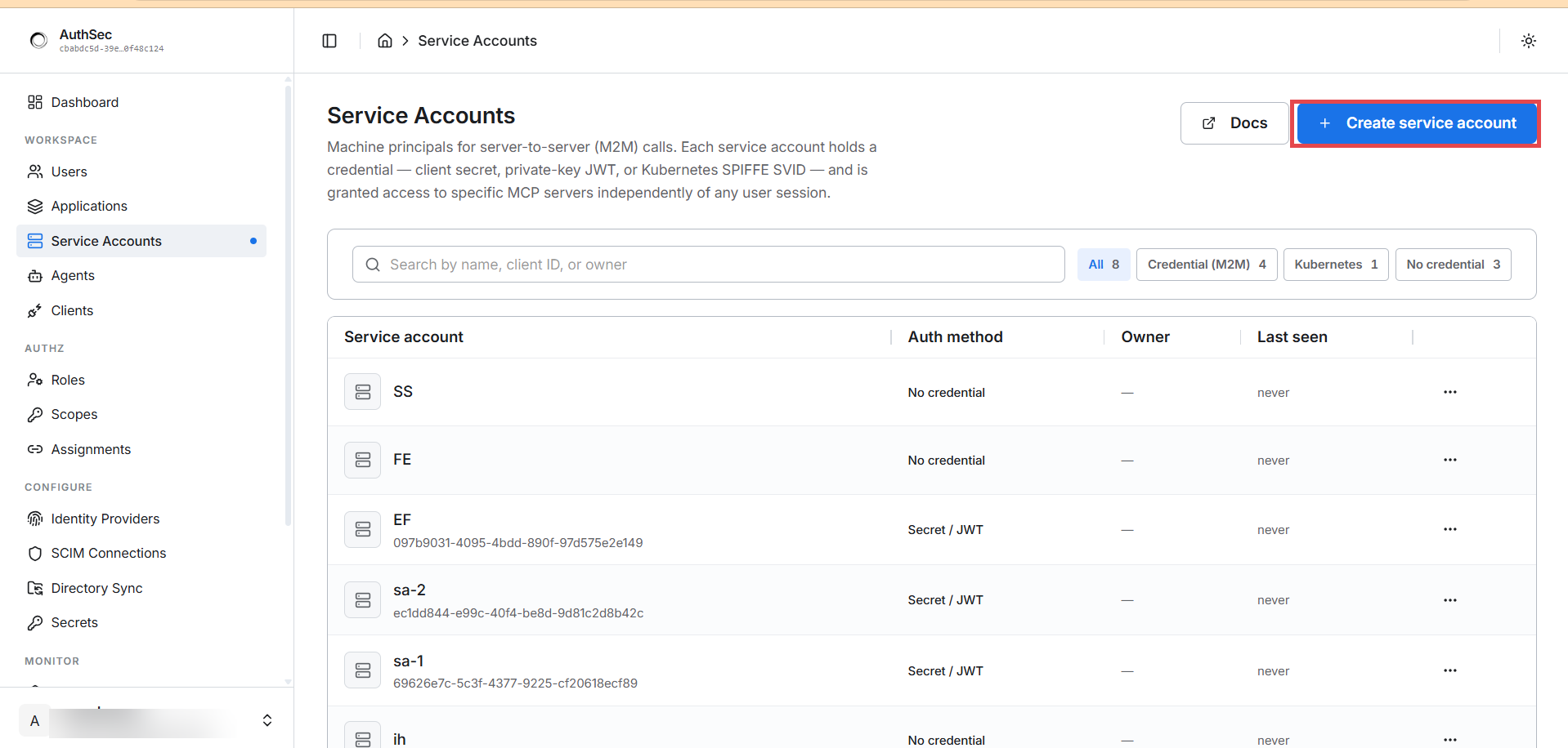 Service Accounts page
