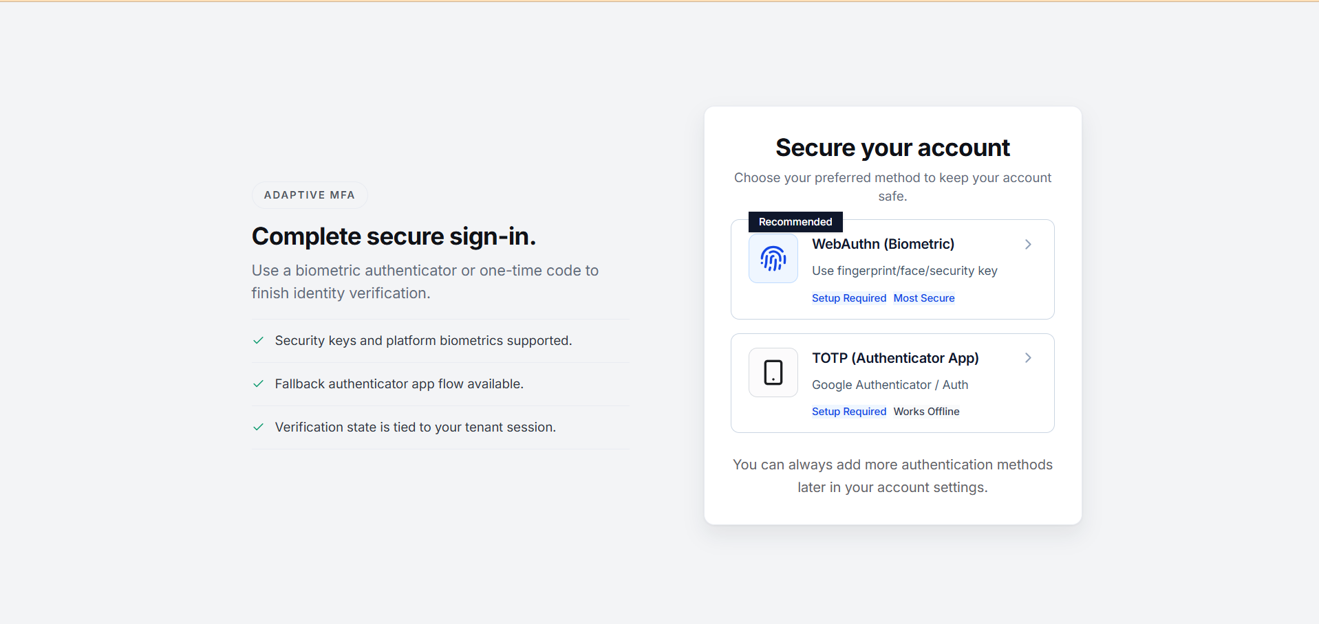 Choose MFA method — WebAuthn or TOTP