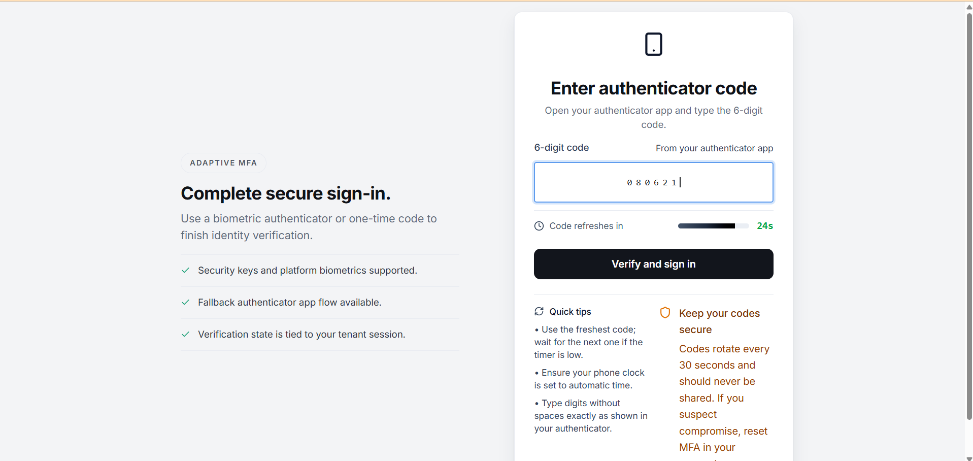 Enter authenticator code on login