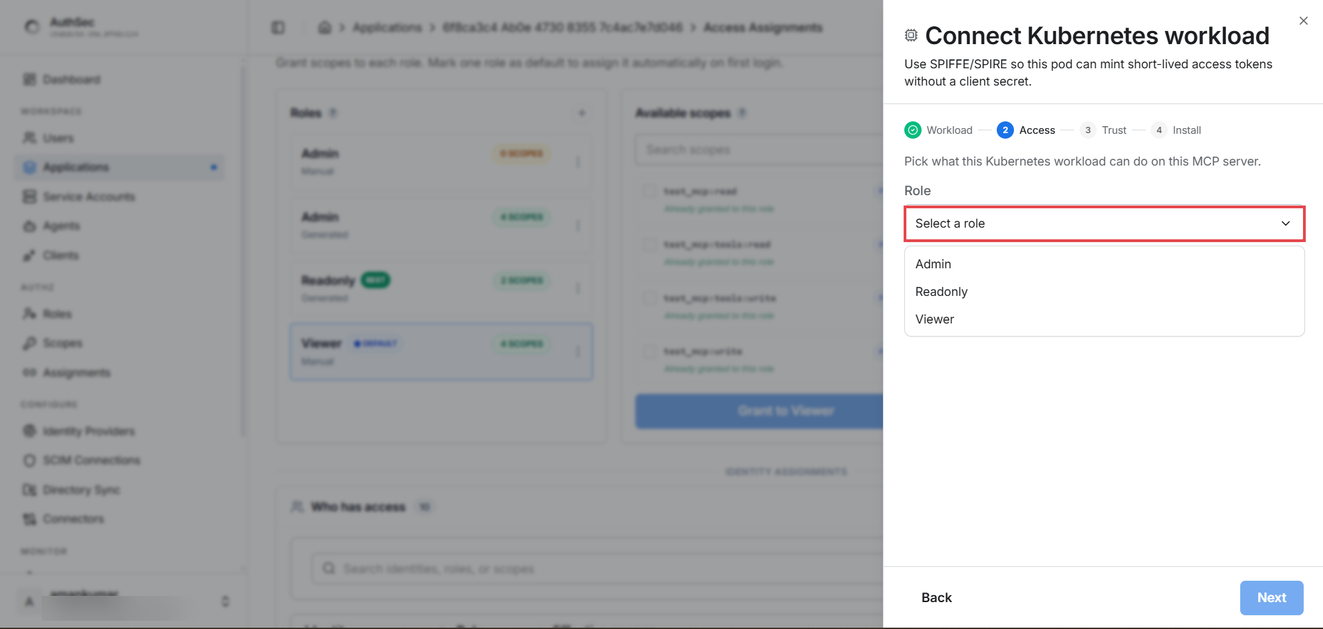 Connect Kubernetes workload — step 2, role
