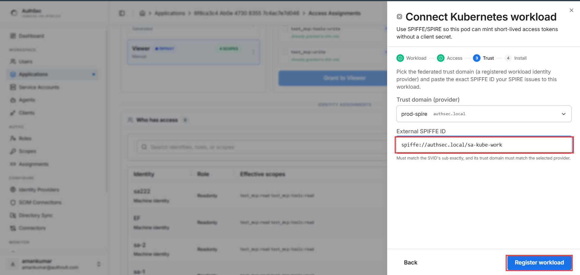 Connect Kubernetes workload — step 3, trust