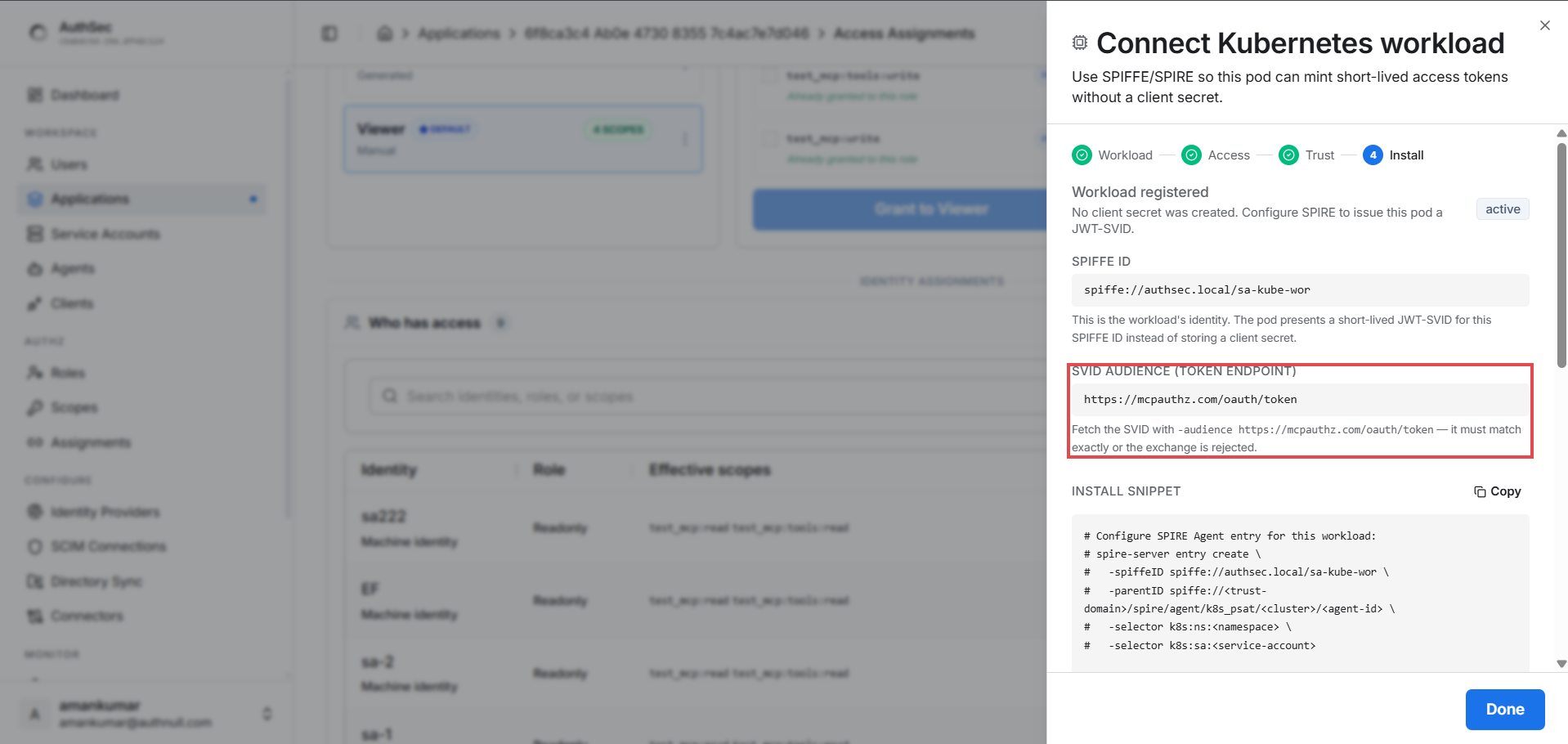 Connect Kubernetes workload — step 4, install