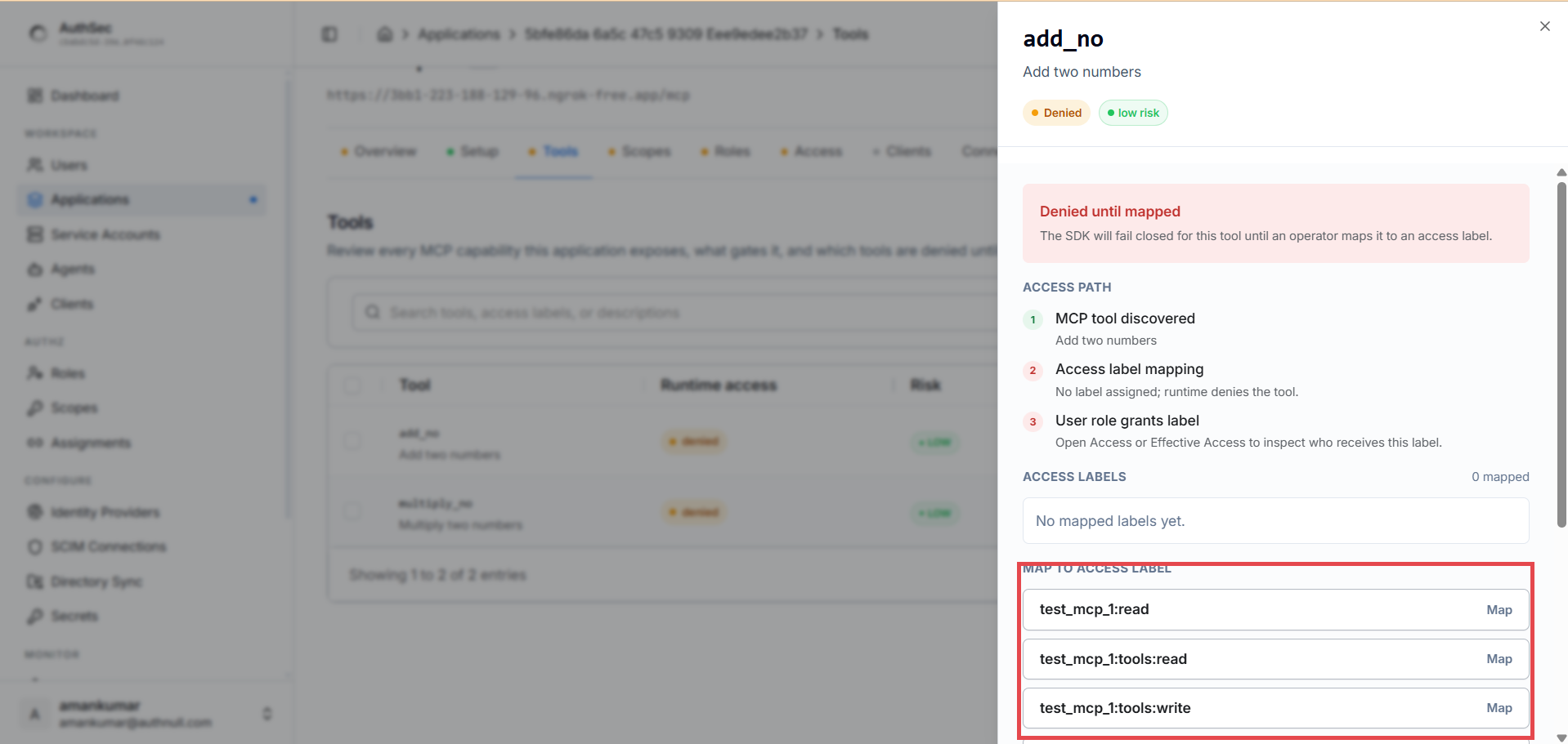 Tool detail — mapping an access label