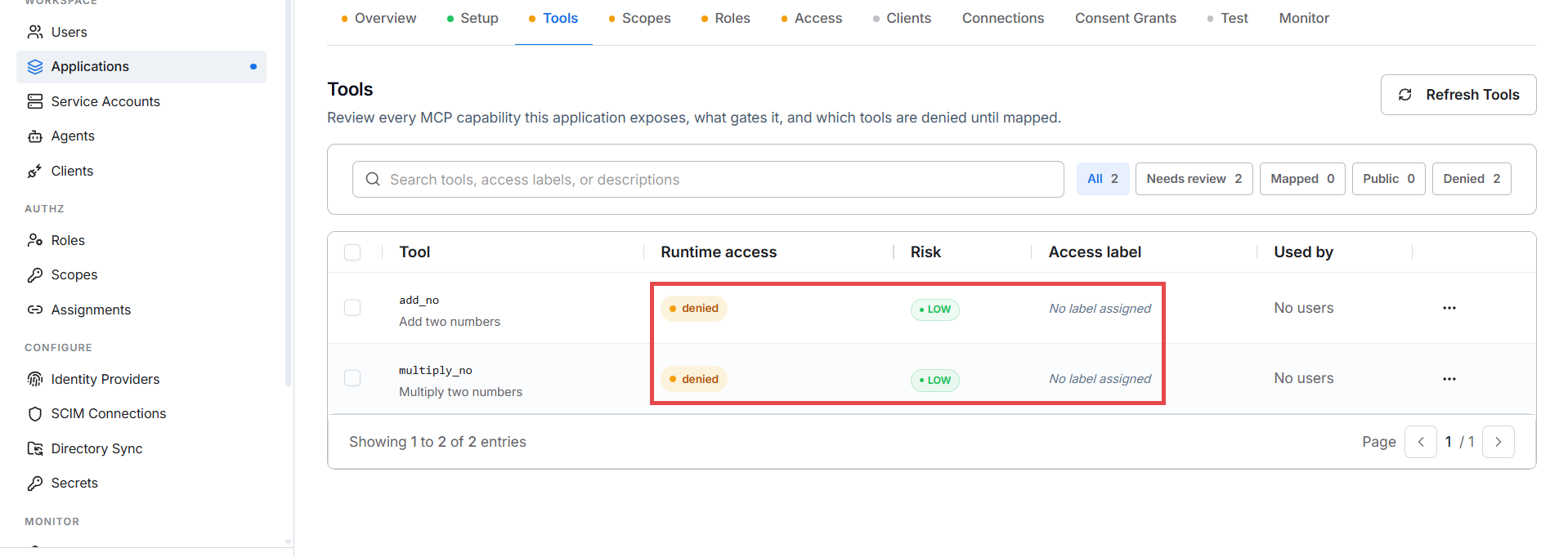 Tools tab — tools denied until mapped